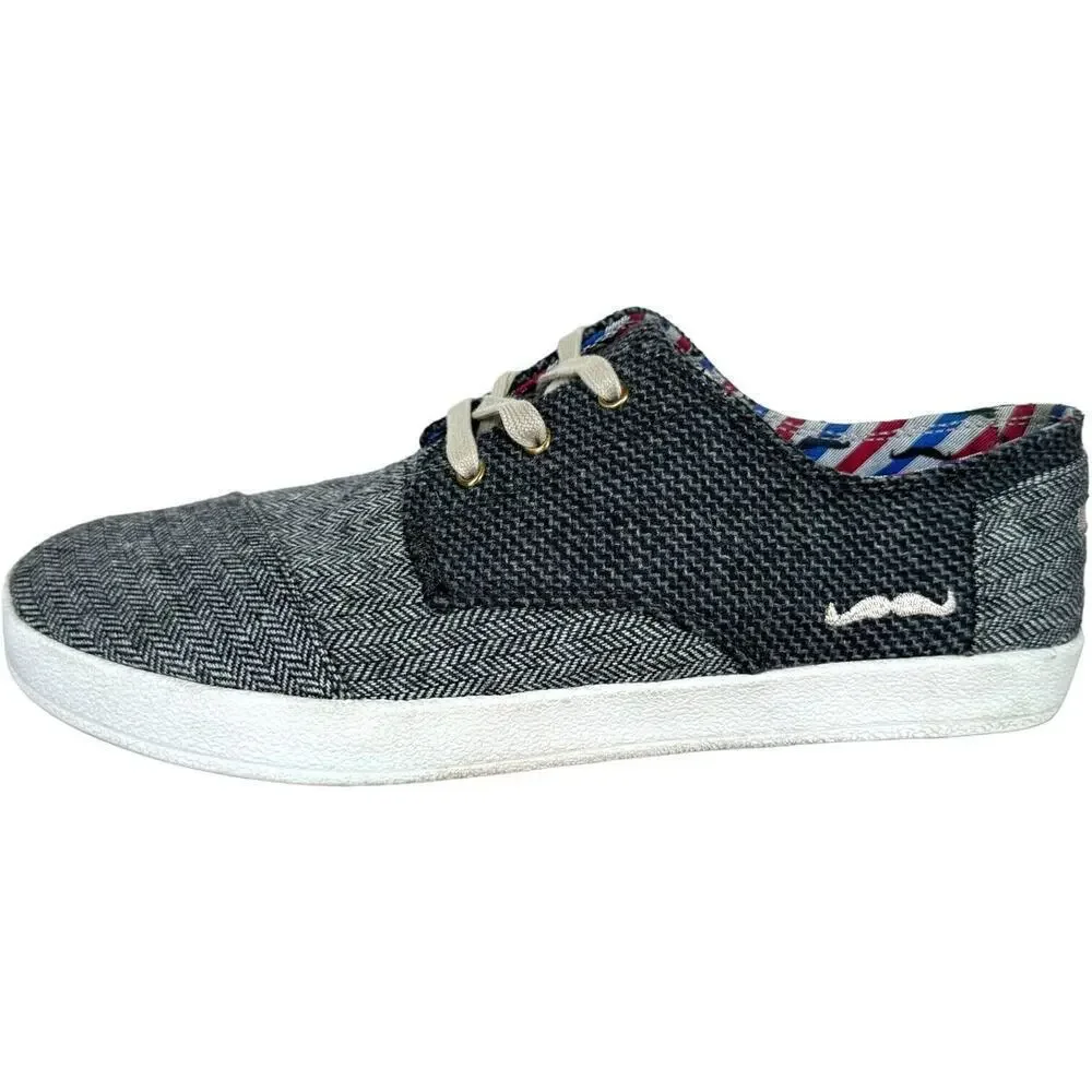 TOMS Mens Mustache Sneakers Gray Herringbone Lace Up Low Top Flat Heel Casual 8